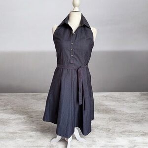 Isaac Mizrahi Collared Midi, Halter Dress in Indigo, Stretch, Lightweight Denim